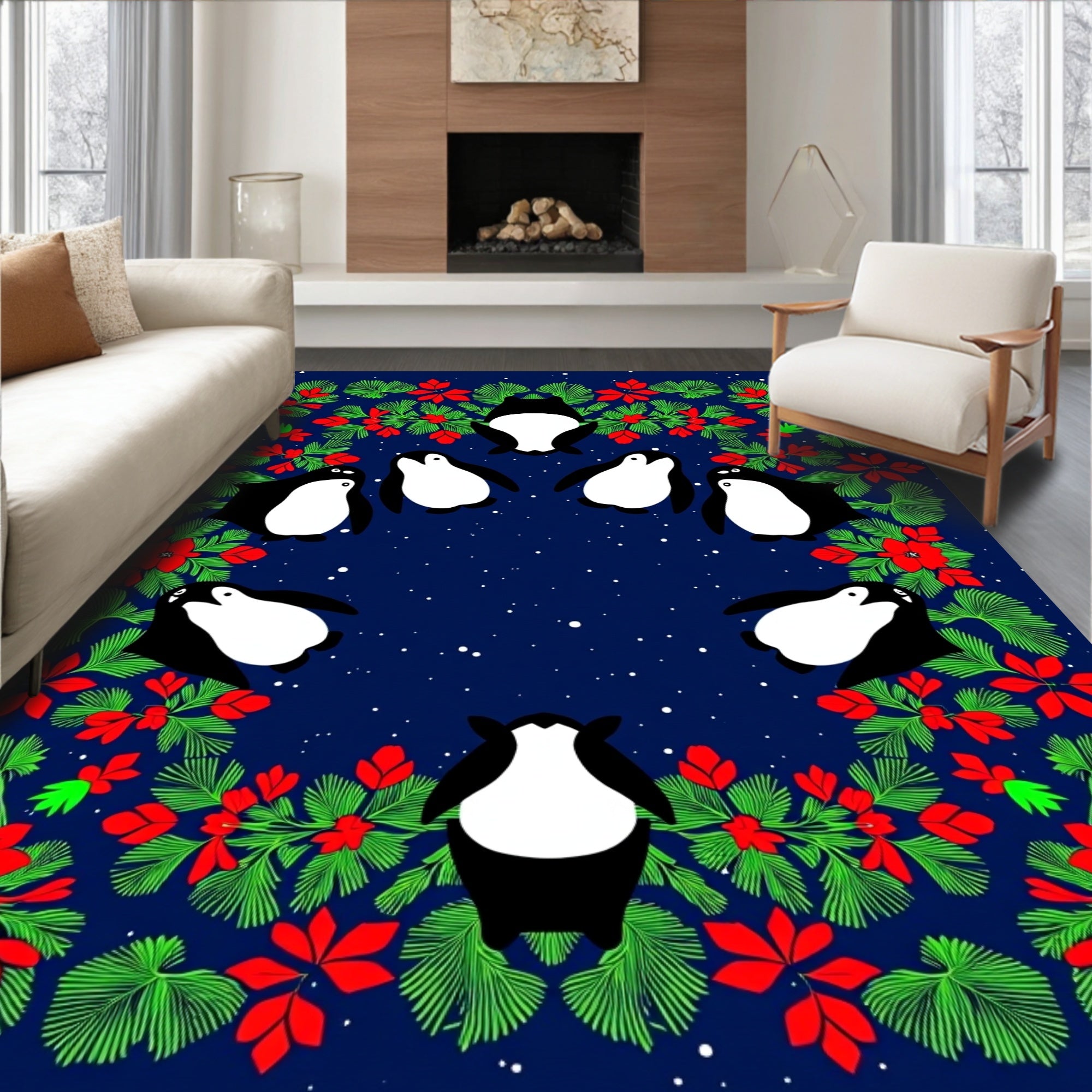 Whimsical Penguin Christmas Garland Rug