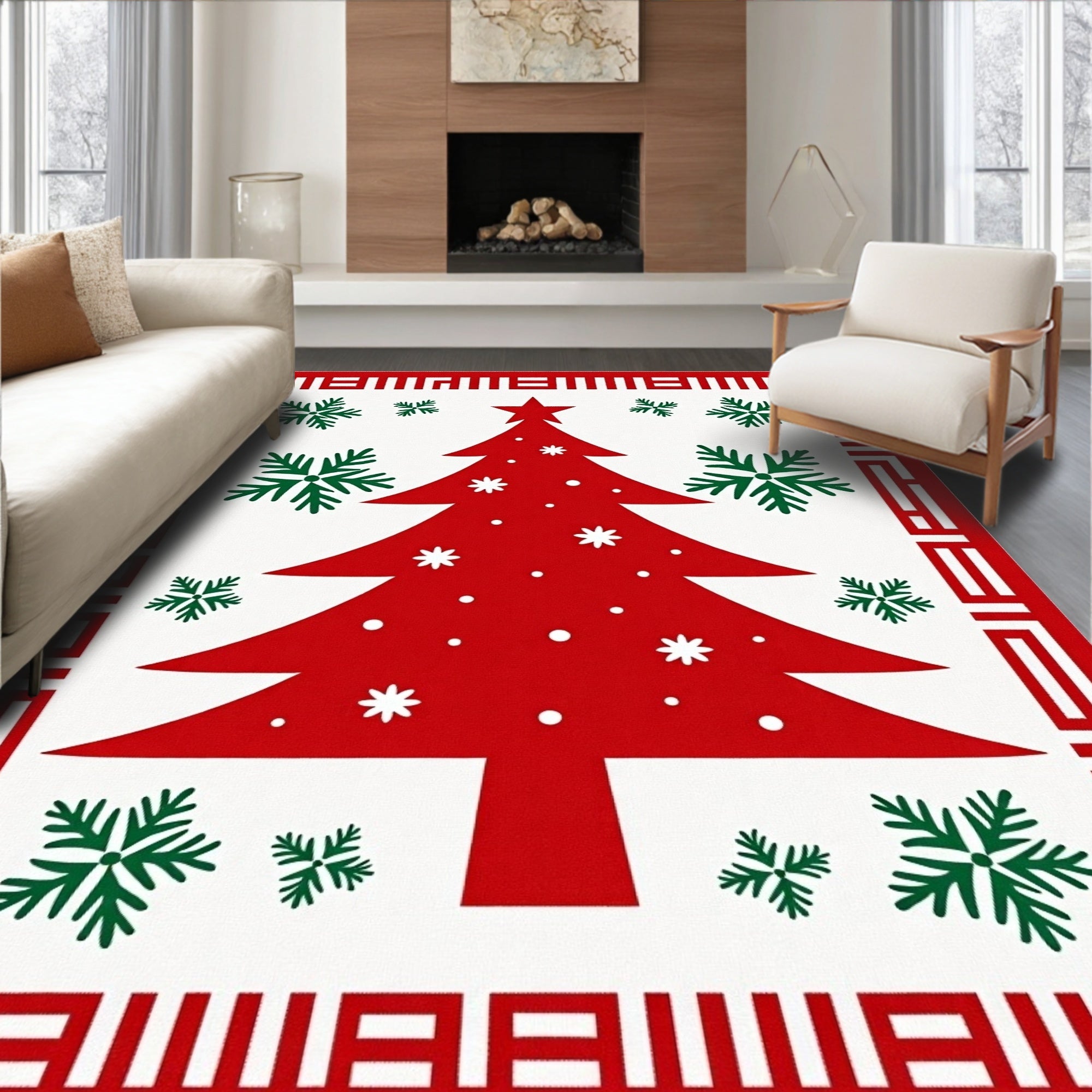 Red Christmas Tree Green Snowflakes Border Rug