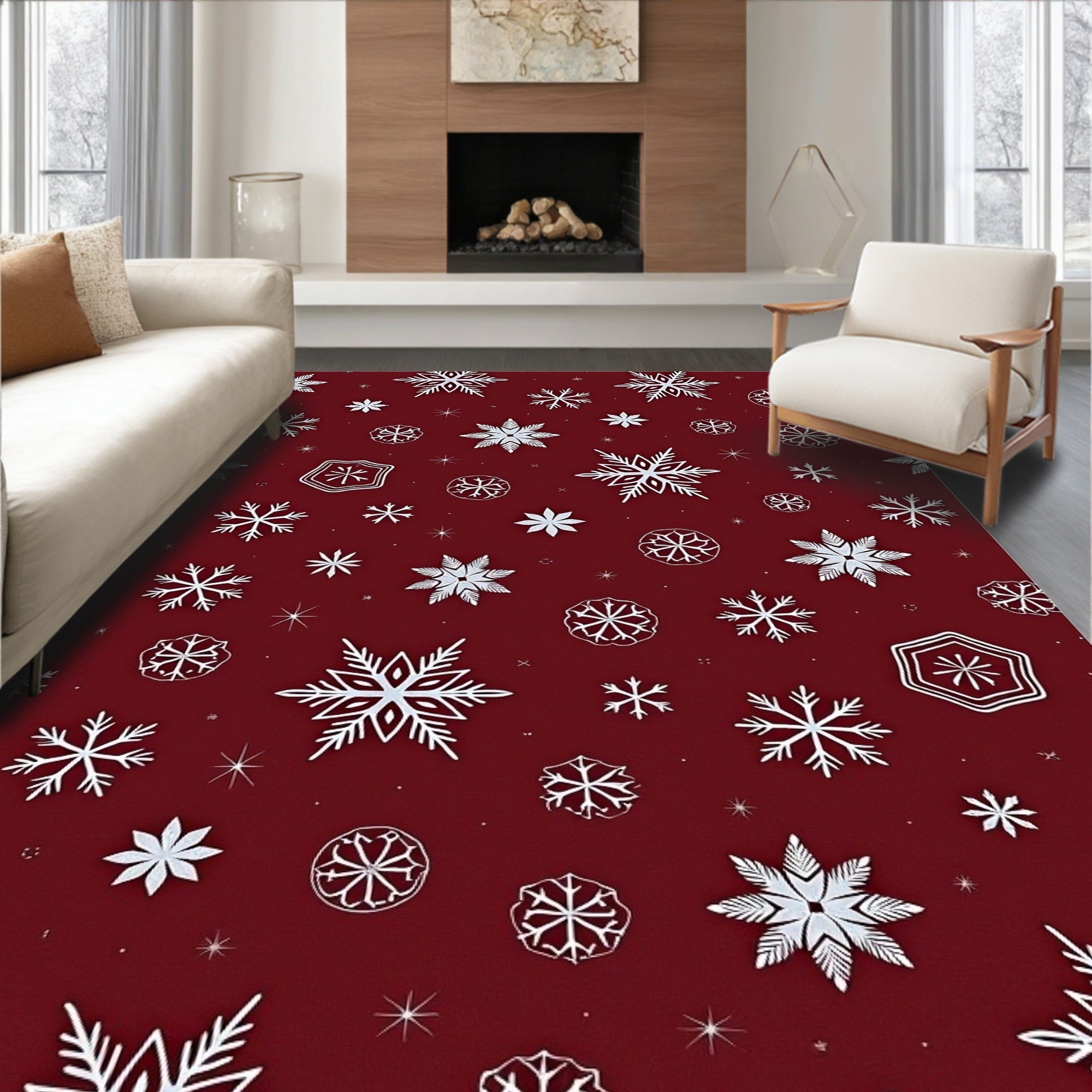 Deep Red Snowflake Scatter Rug