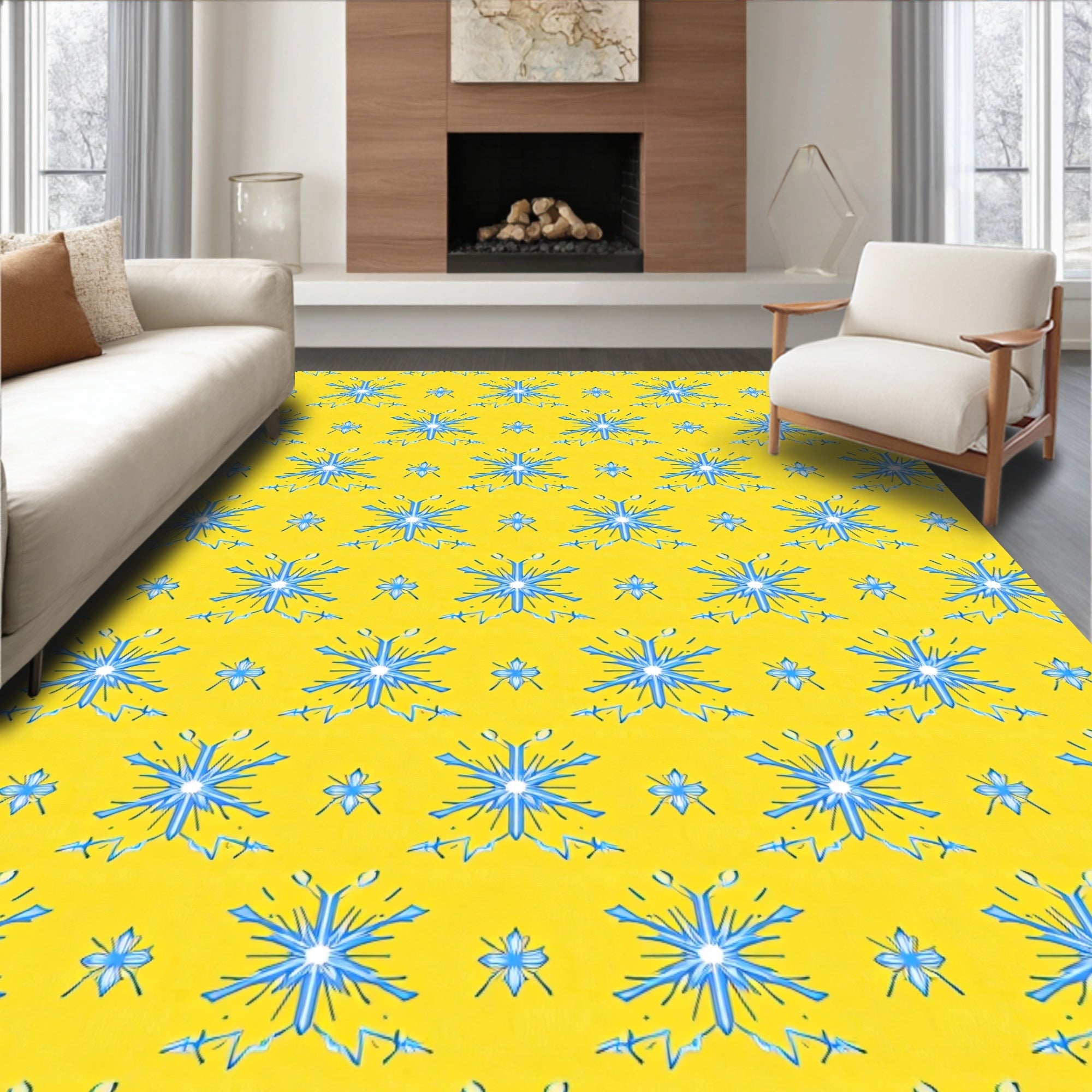 Bright Yellow Blue Starburst Medallion Rug