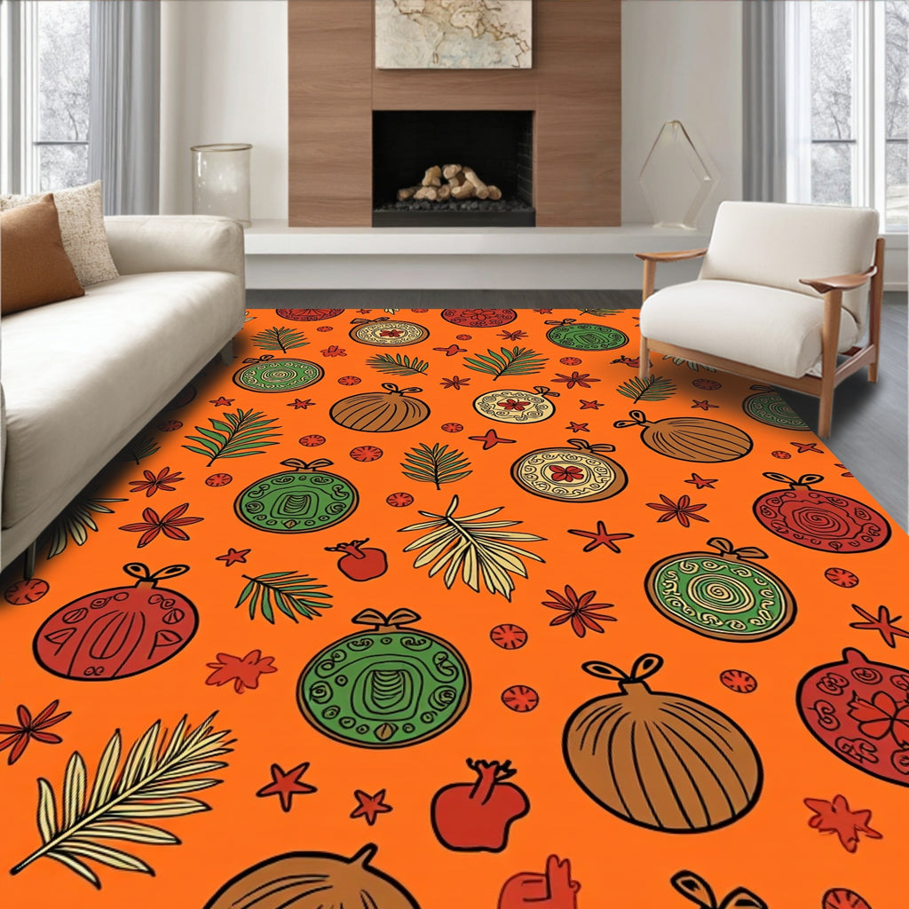 Orange Festive Ornaments Leafy Garland Rug