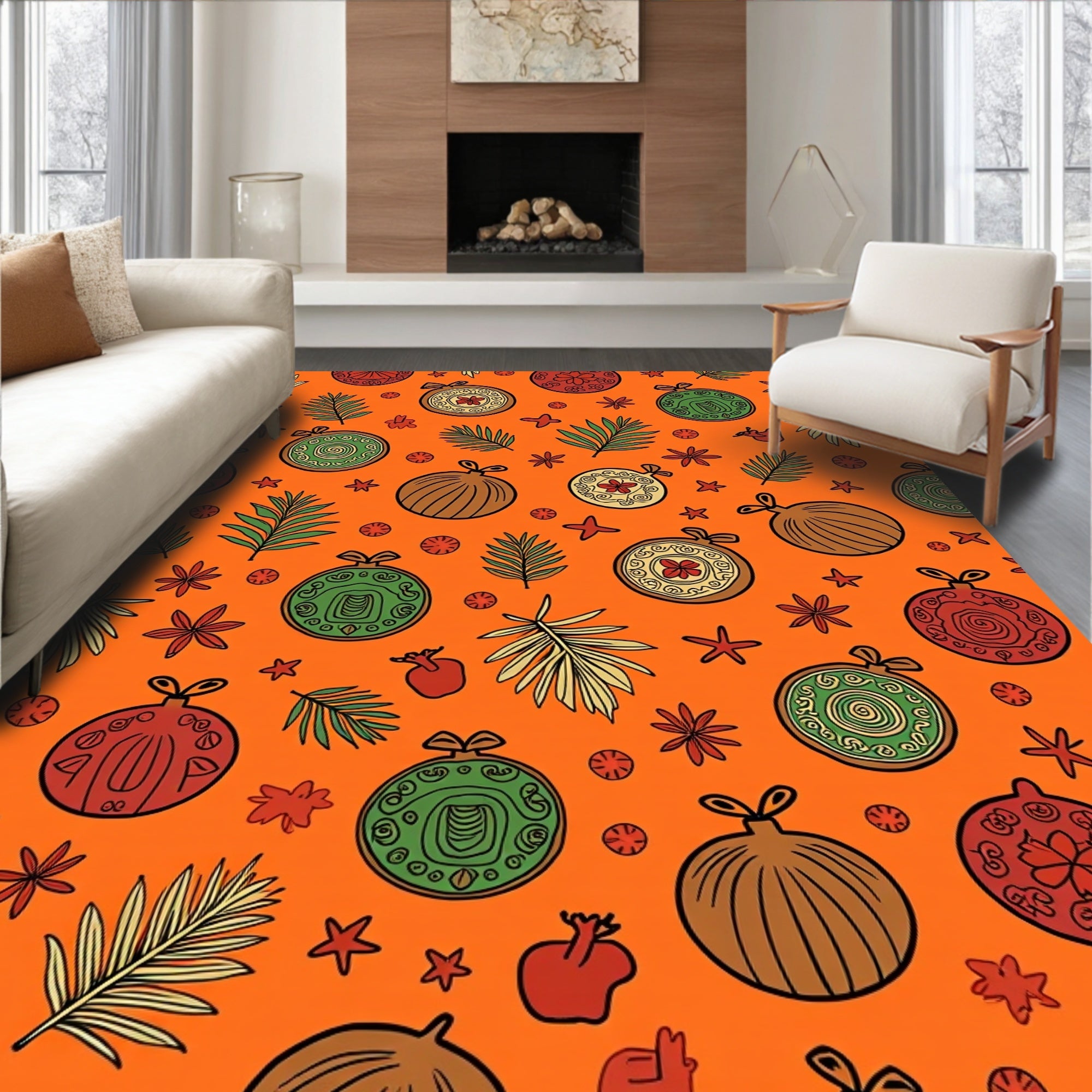 Orange Festive Ornaments Leafy Garland Rug