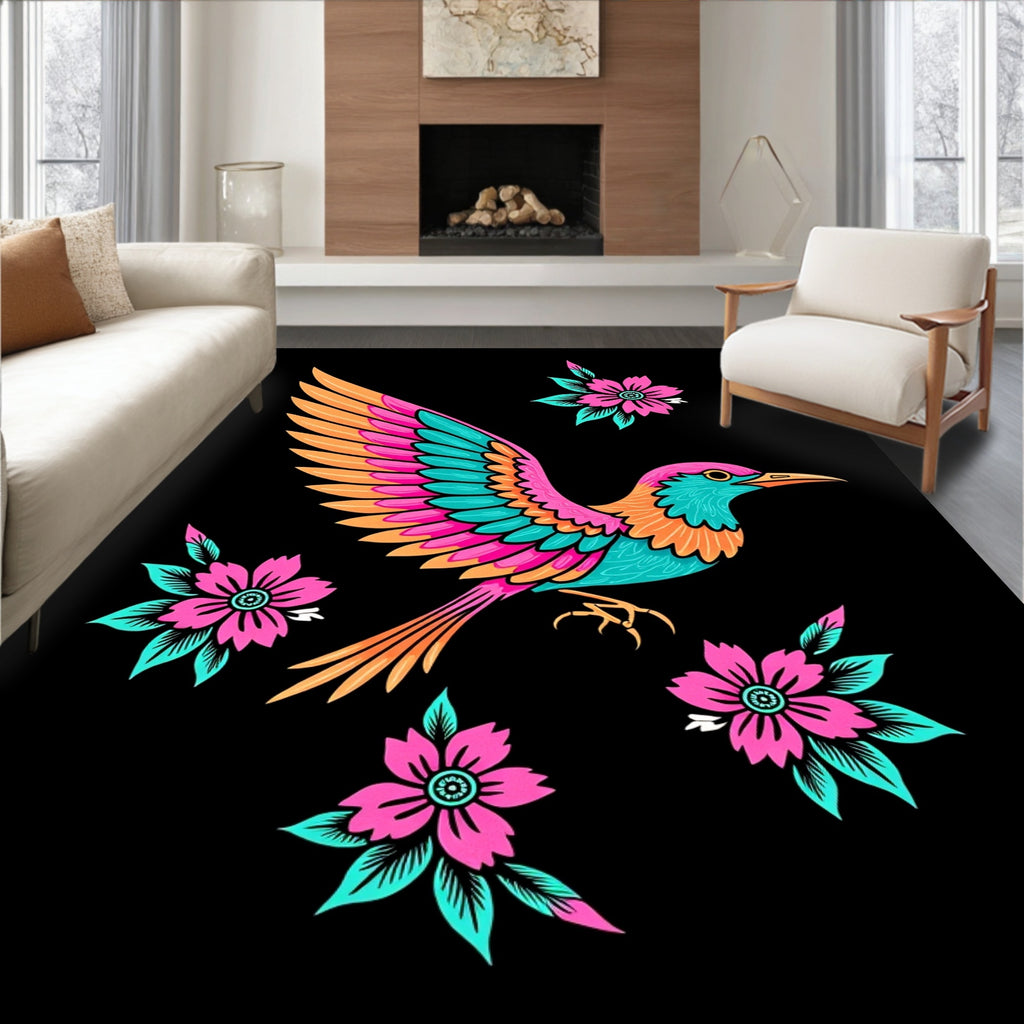 Vibrant Pink Teal Bird Floral Scatter Rug