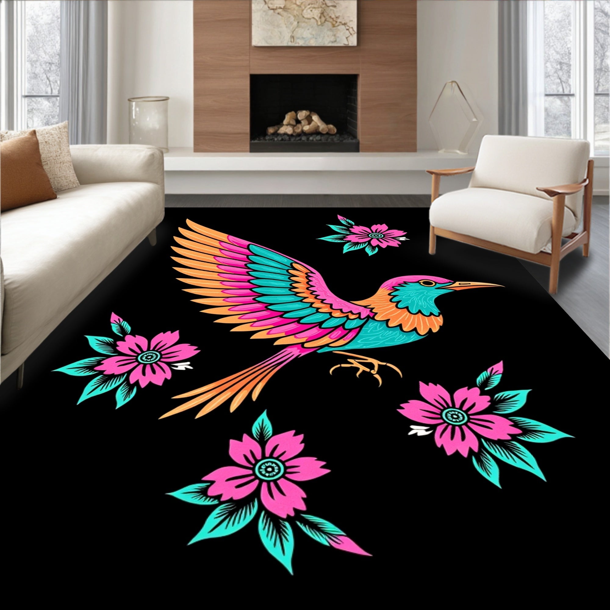 Vibrant Pink Teal Bird Floral Scatter Rug