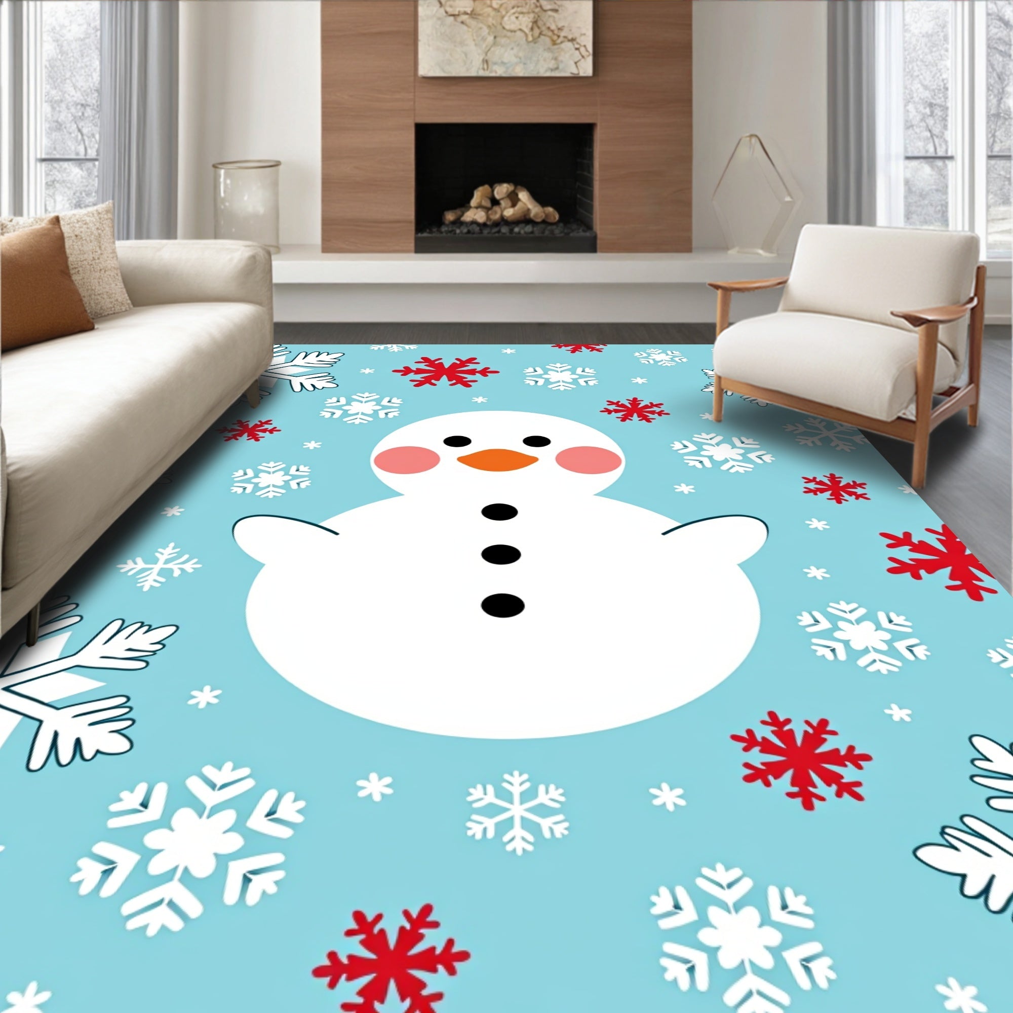 Whimsical Snowman Snowflake Snowscape Rug