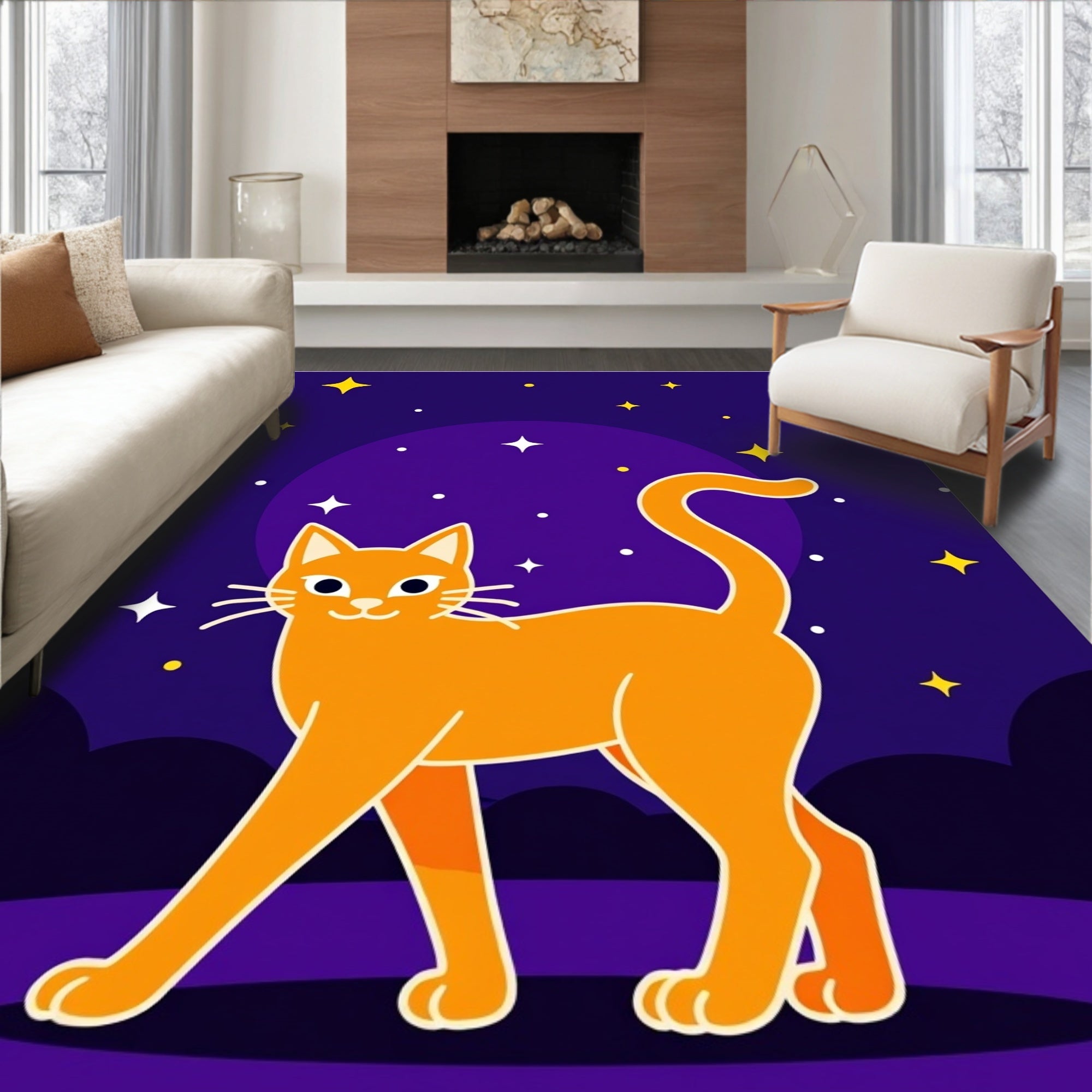Orange Cat Under Starry Night Sky Rug