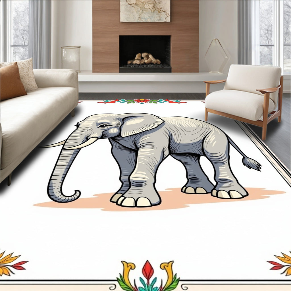 Graceful Elephant In Colorful Floral Border Rug