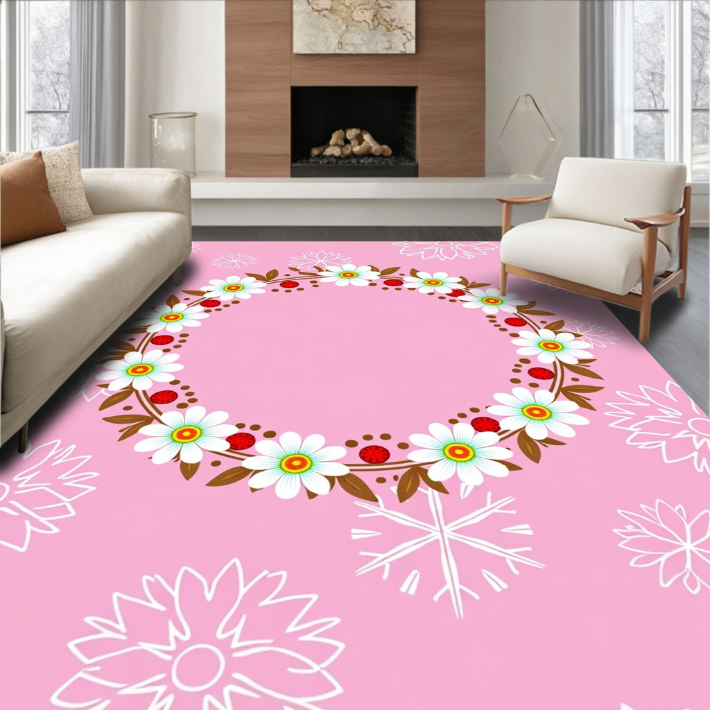 Pink Wreath White Floral Red Berries Rug
