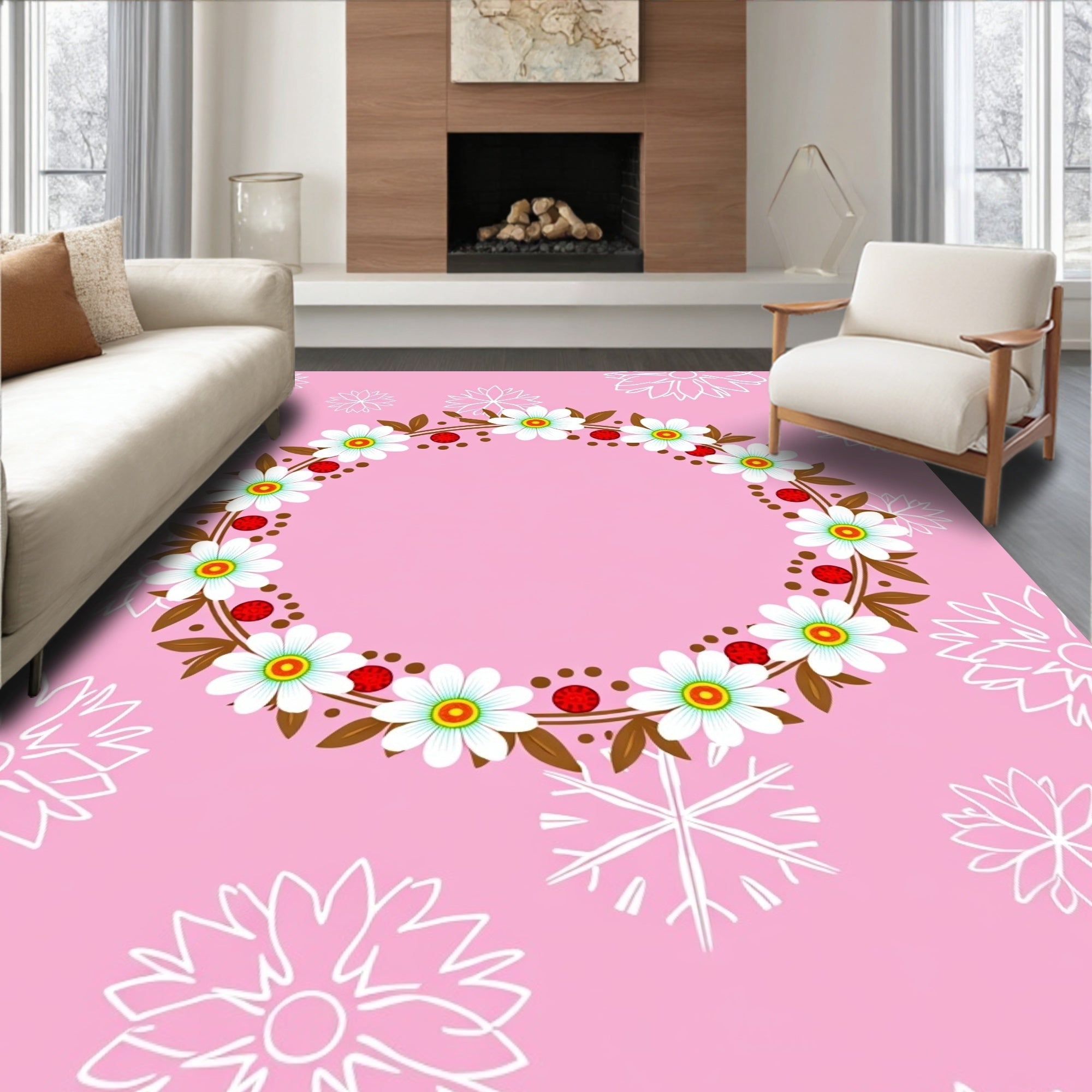 Pink Wreath White Floral Red Berries Rug
