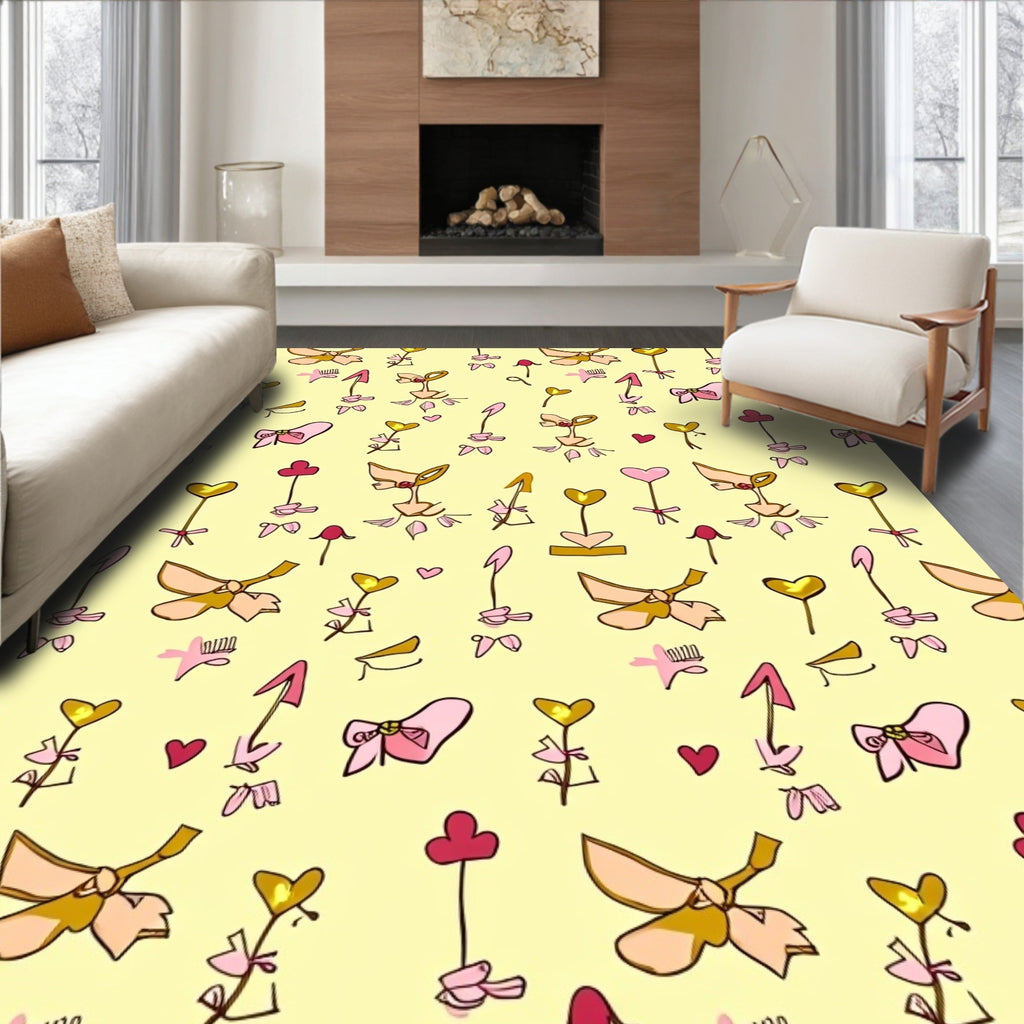 Pink Golden Heart Floral Bows Rug