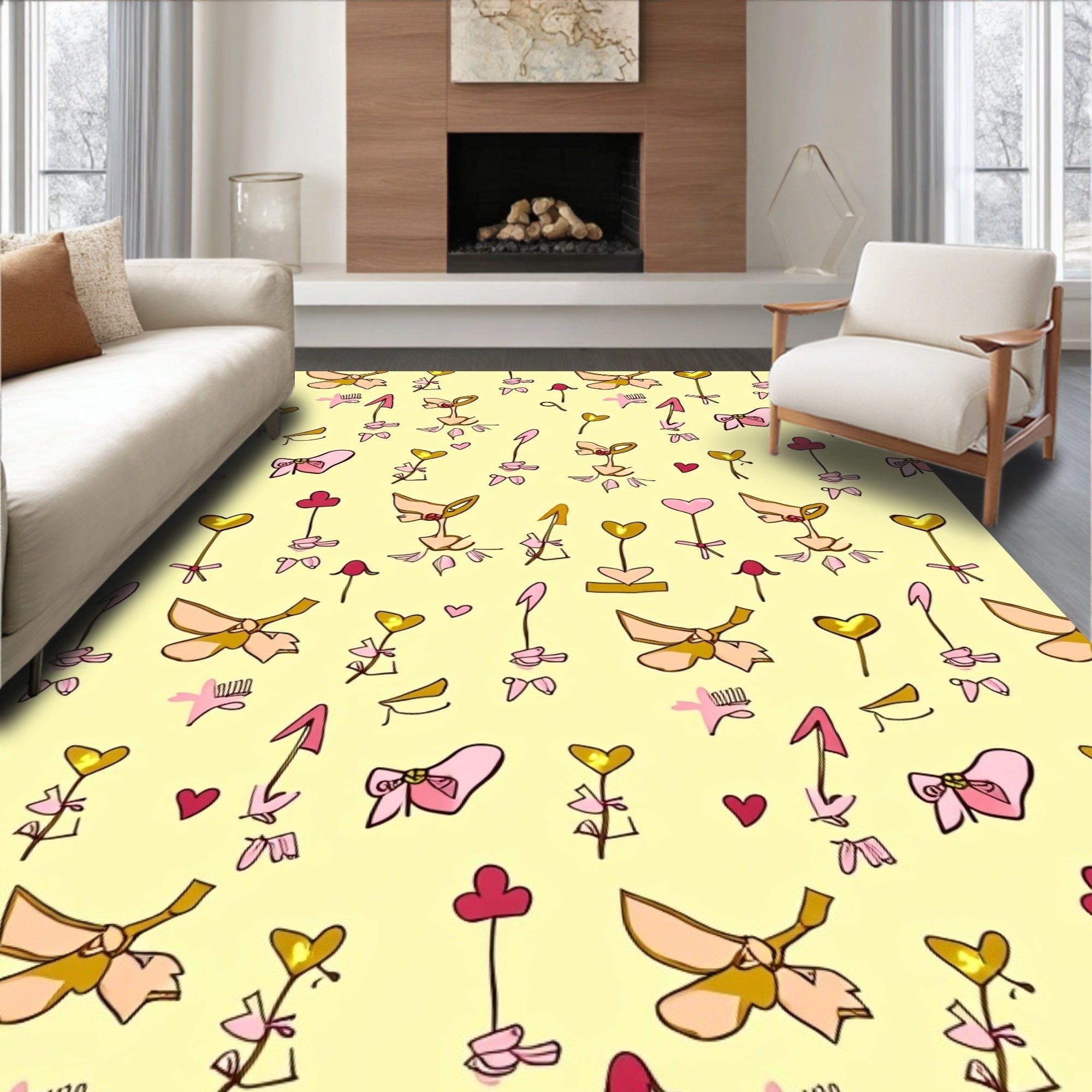 Pink Golden Heart Floral Bows Rug
