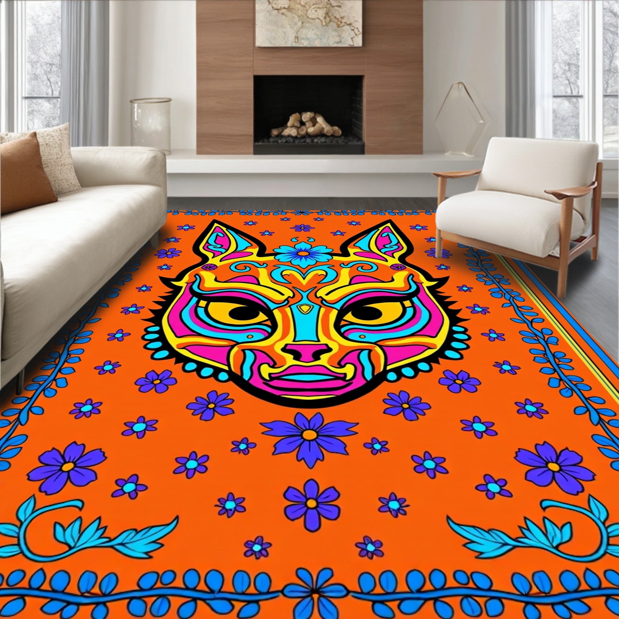 Vivid Orange Fox Floral Border Rug