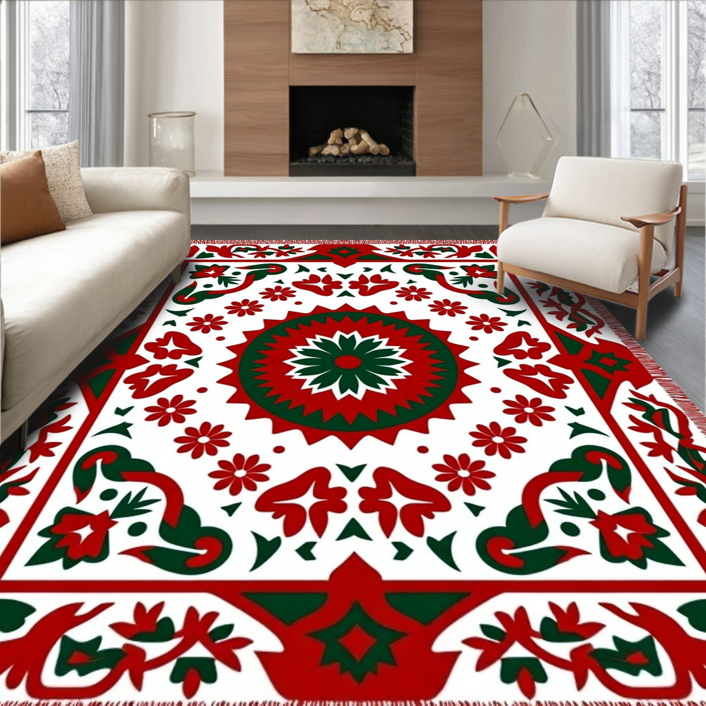Red Green Medallion Floral Border Rug