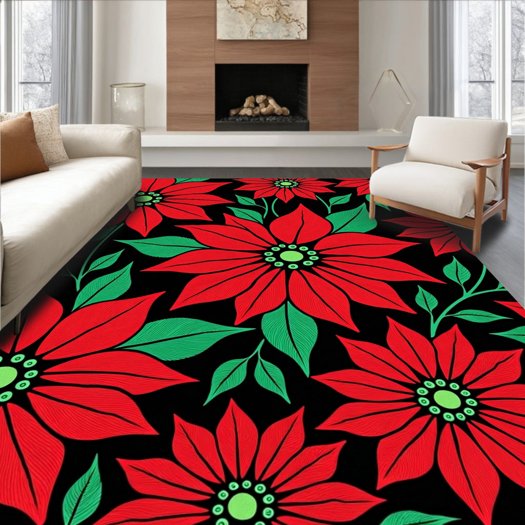 Bold Red Poinsettia Botanical Bloom Rug