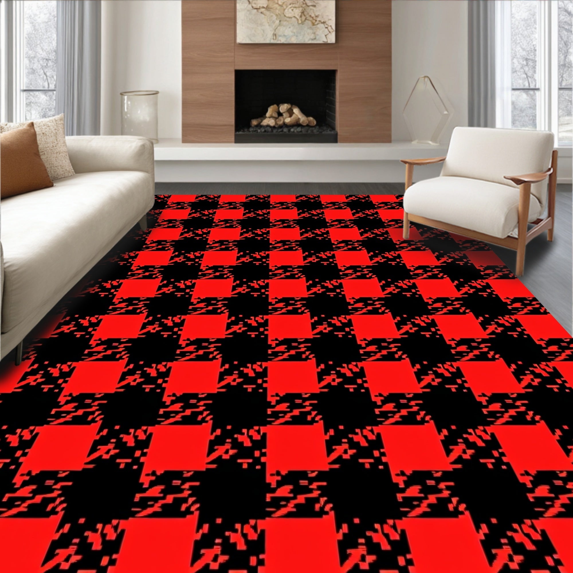 Bold Red Black Checkered Houndstooth Rug