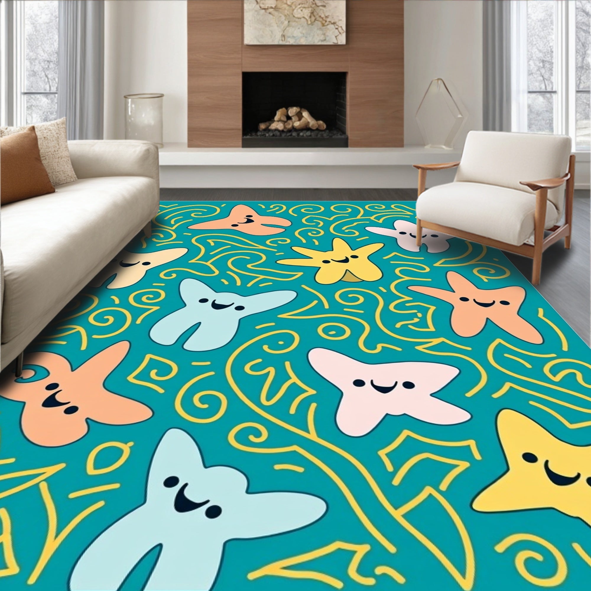 Joyful Starfish Teal Swirls Rug