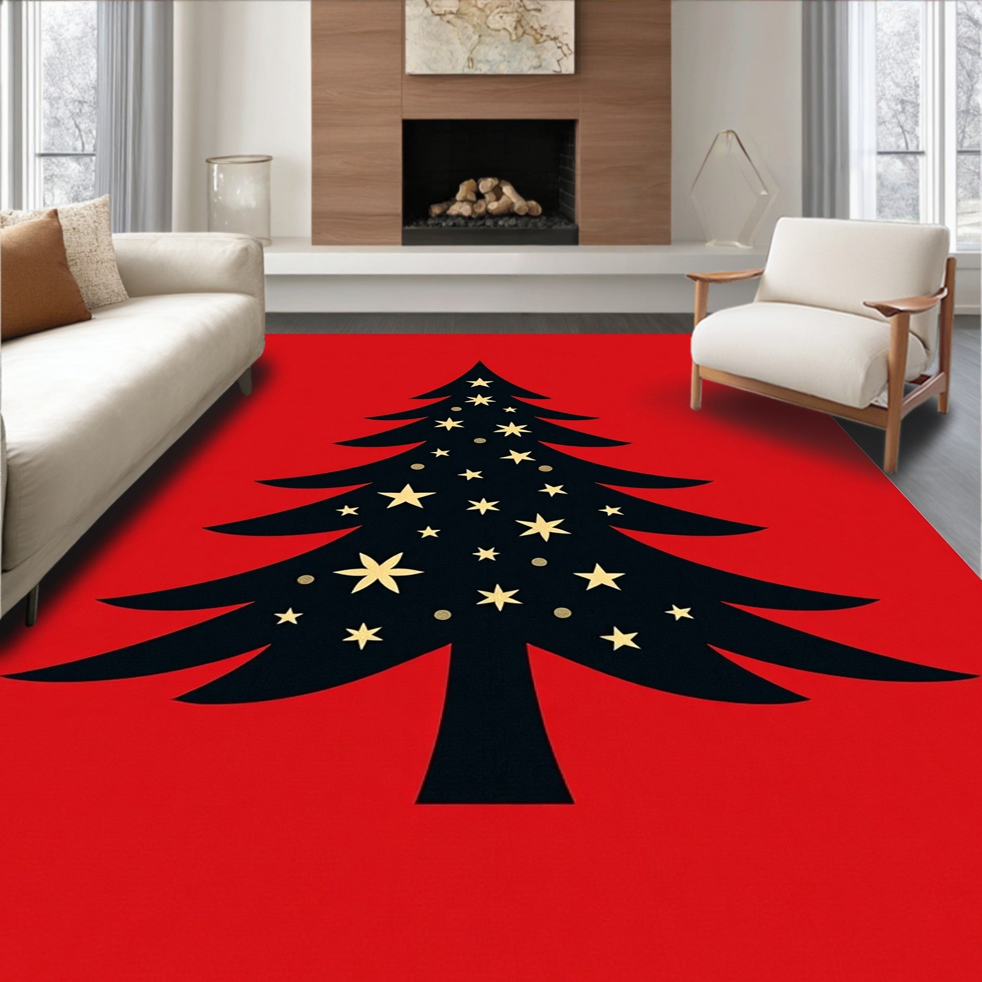 Classic Christmas Tree Star Garland Rug