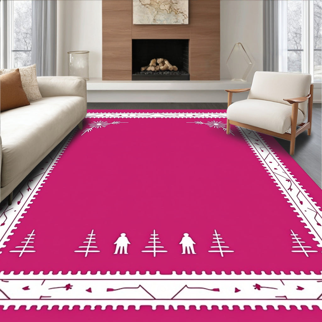 Pink White Folk Art Trees Border Rug