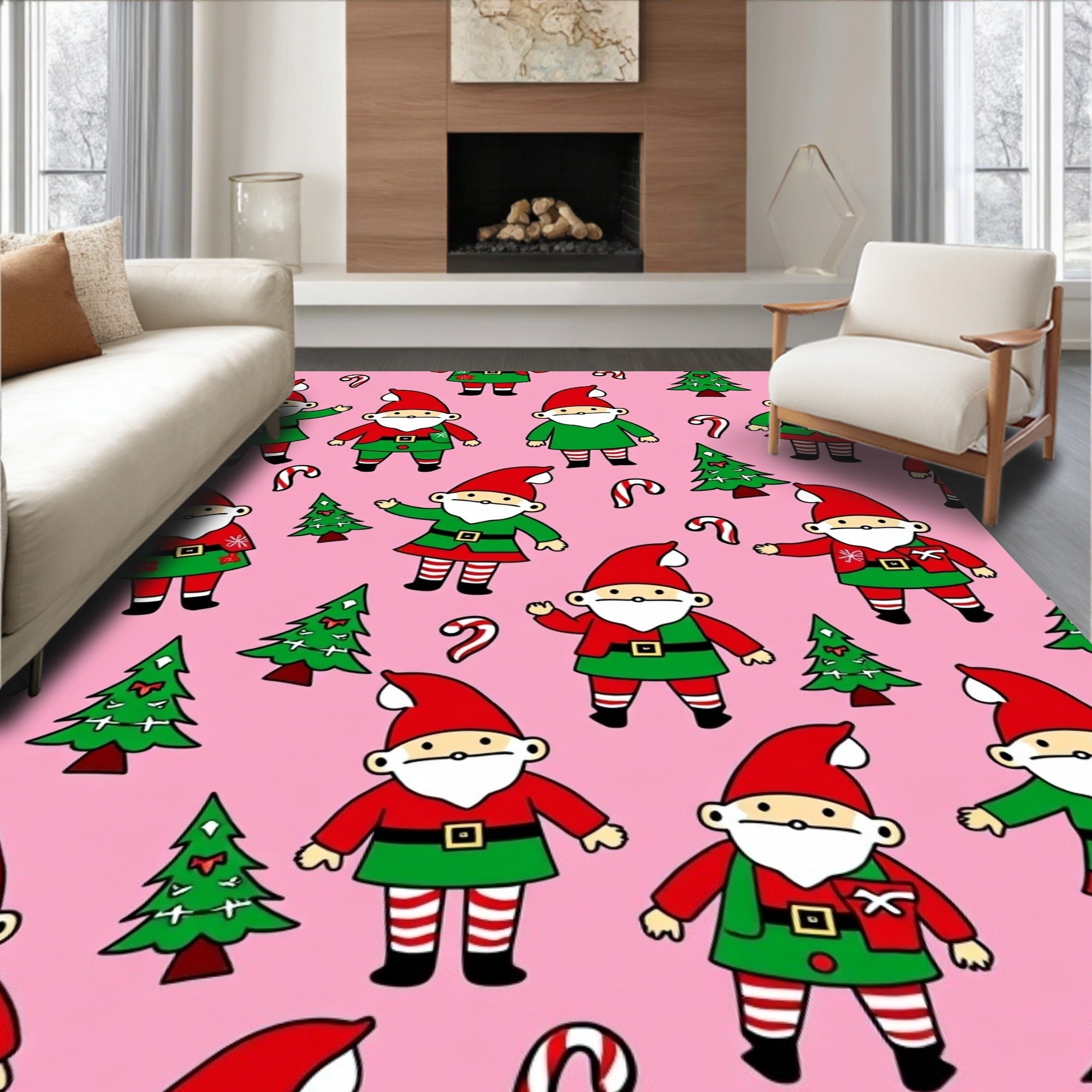 Pink Holiday Gnome Candy Cane Trees Rug