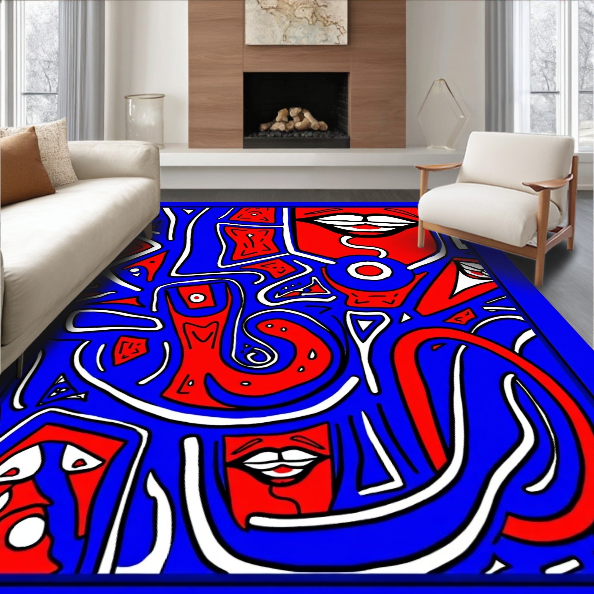 Bold Red Blue Abstract Jumbled Faces Rug