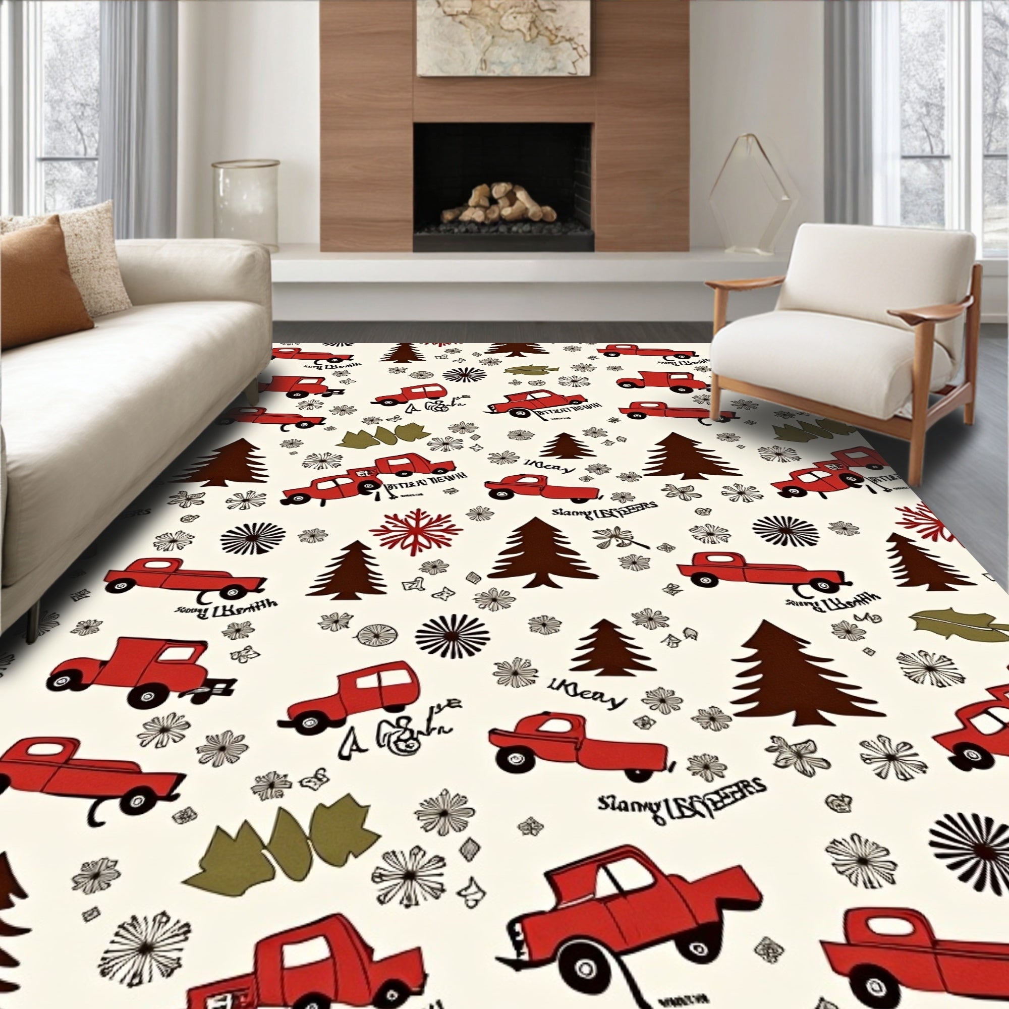 Red Truck Christmas Tree Snowflakes Rug