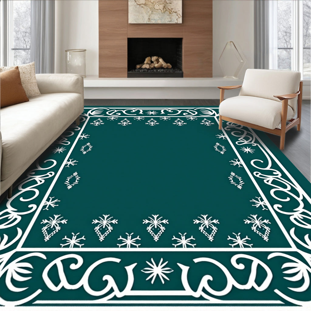 White Damask Snowflake Frame Teal Rug