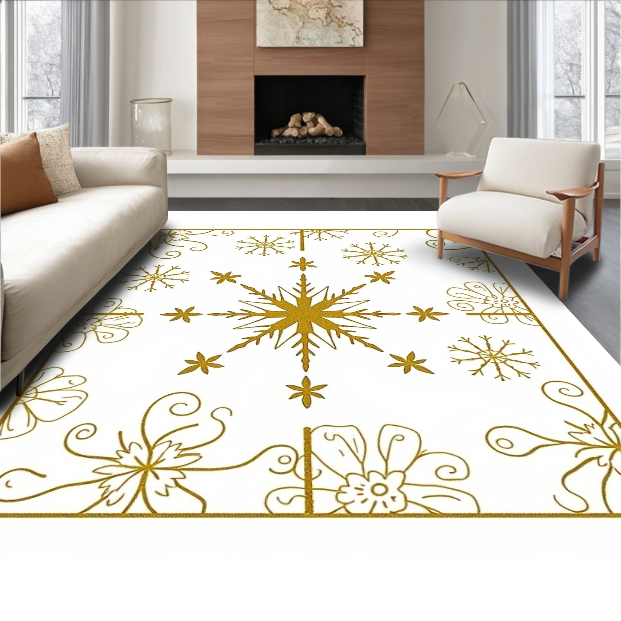 Golden Snowflake Scatter Medallion Rug