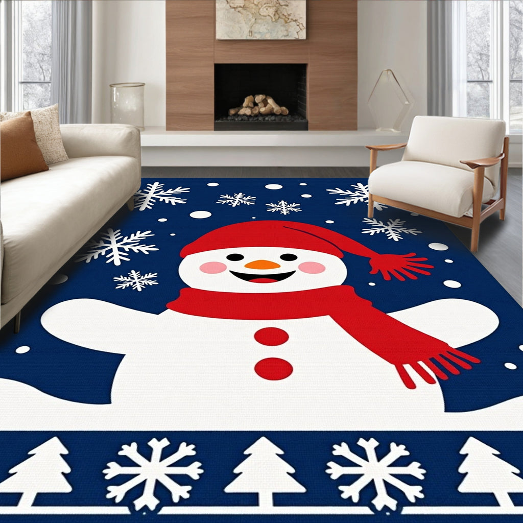 Friendly Snowman Red Hat Snowy Scene Rug