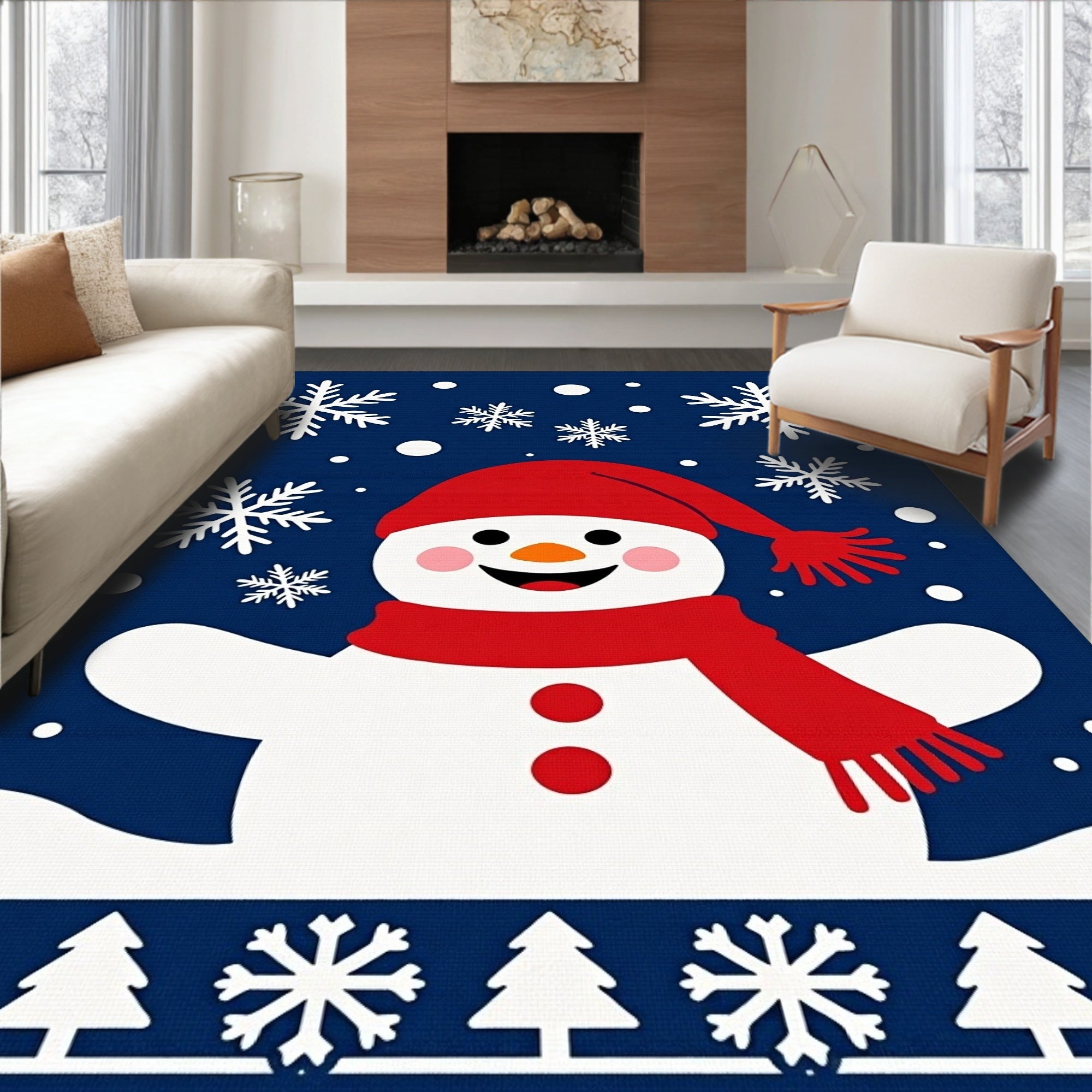 Friendly Snowman Red Hat Snowy Scene Rug