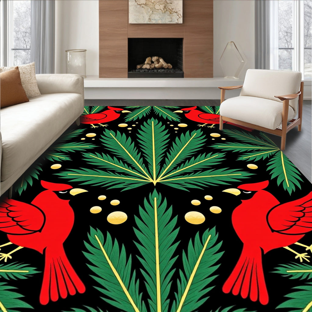 Red Cardinal Green Foliage Gold Dots Rug