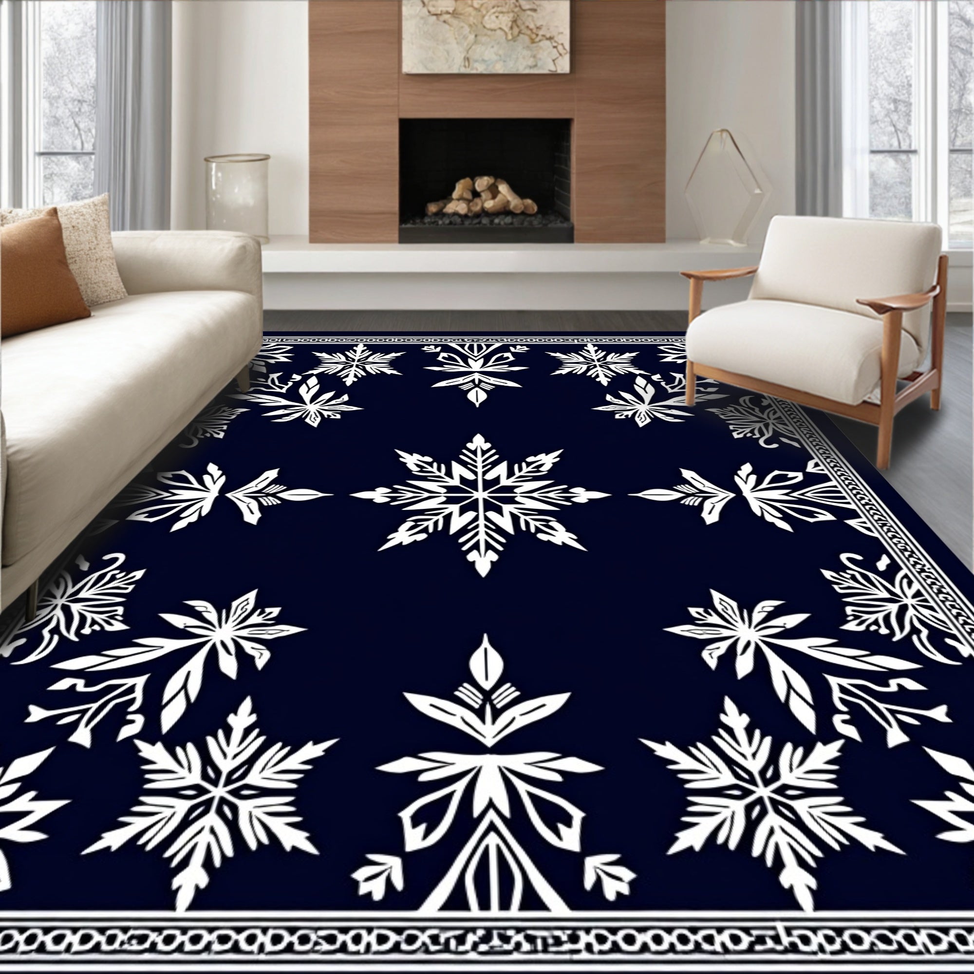 Midnight Snowflake Ornamental Frame Rug