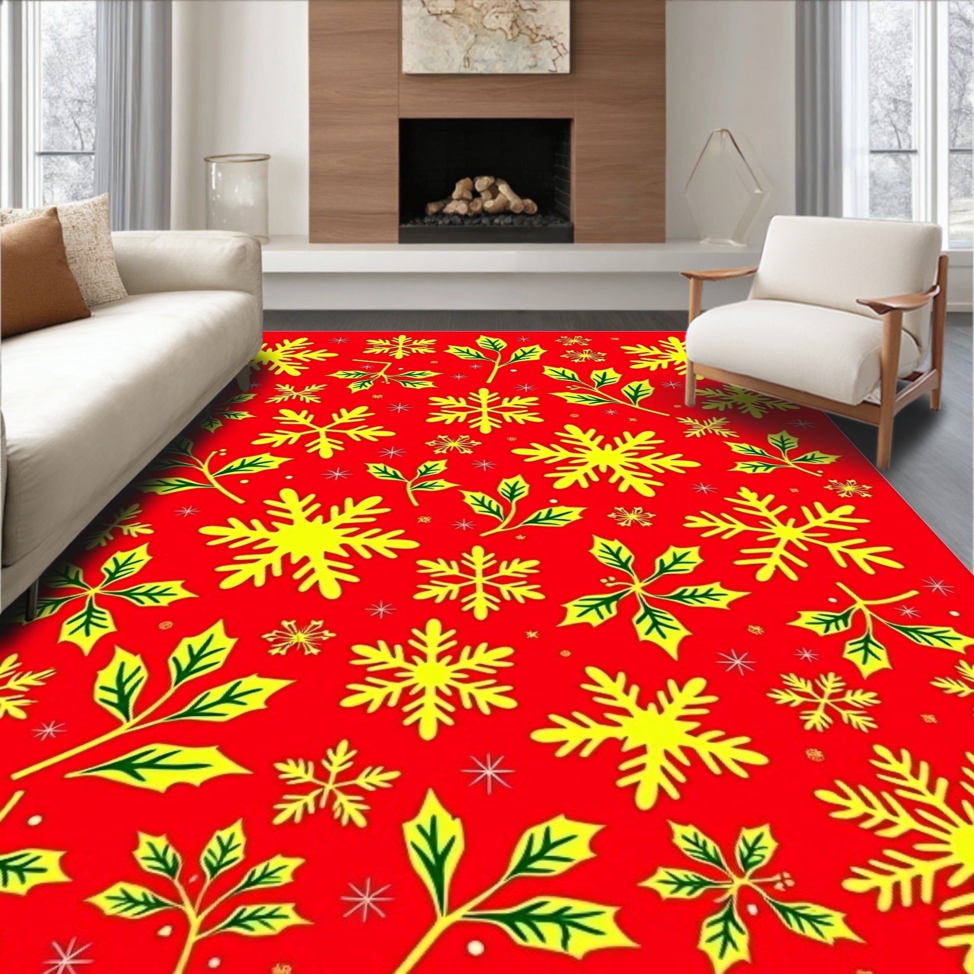 Festive Red Snowflake Holly Cluster Rug