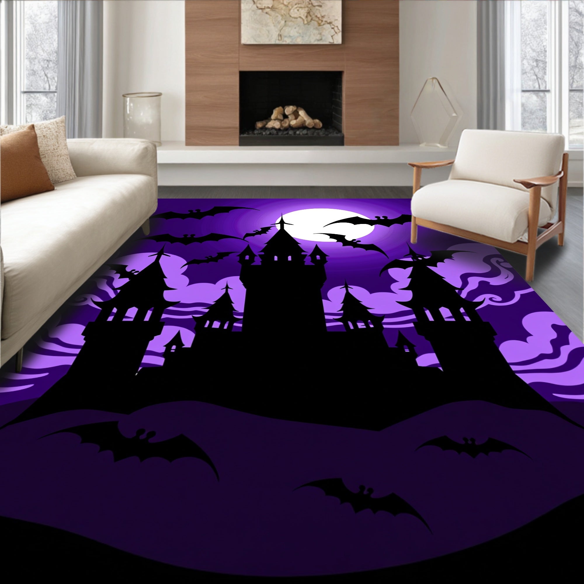 Purple Spooky Castle Bats Night Rug