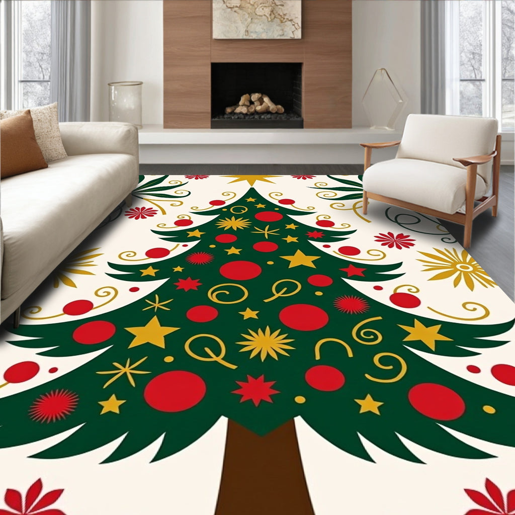 Festive Green Christmas Tree Ornaments Rug