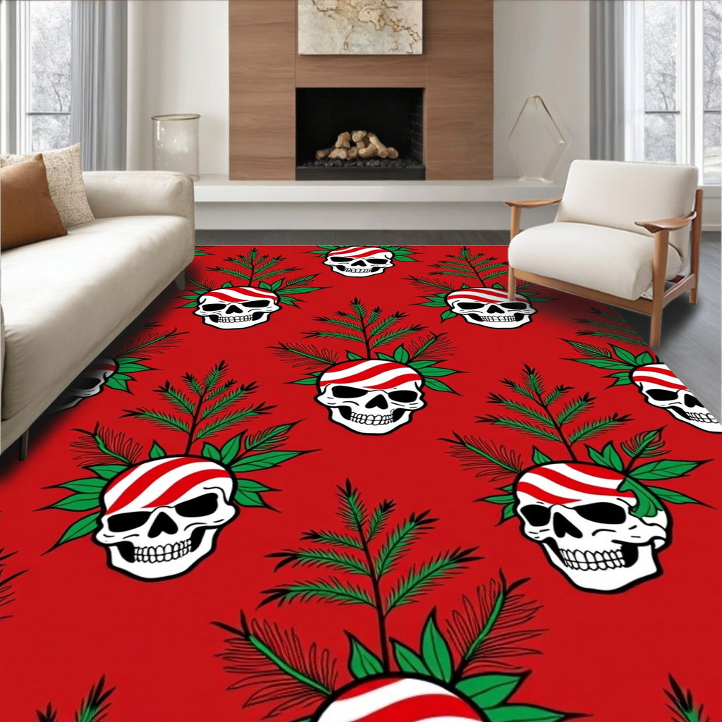 Red Skull Green Branch Christmas Rug