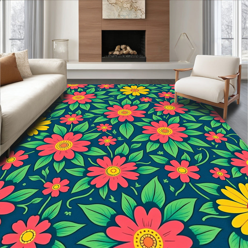 Vibrant Pink Yellow Floral Garden Rug