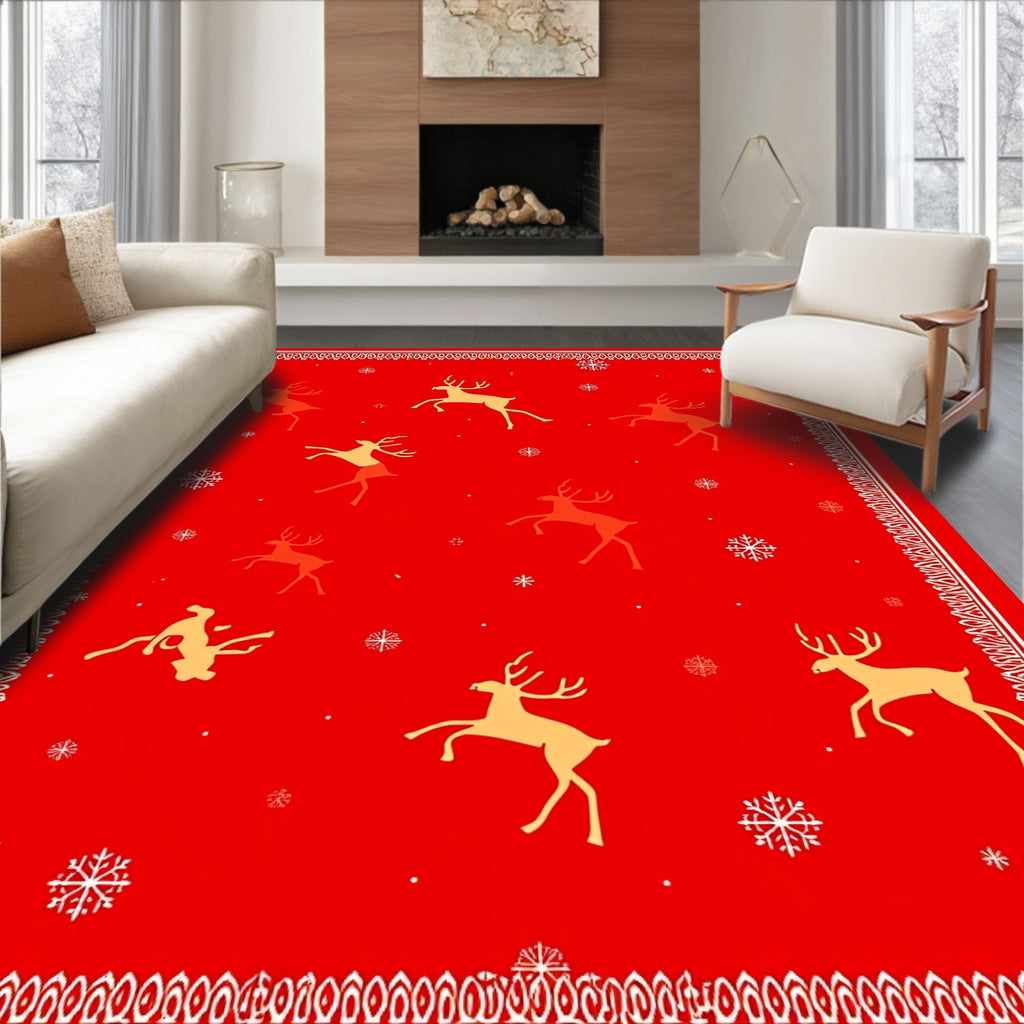 Crimson Reindeer Snowflakes Festive Border Rug