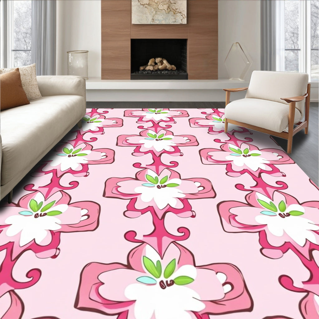 Ornate Pink Flower Blossom Motif Rug