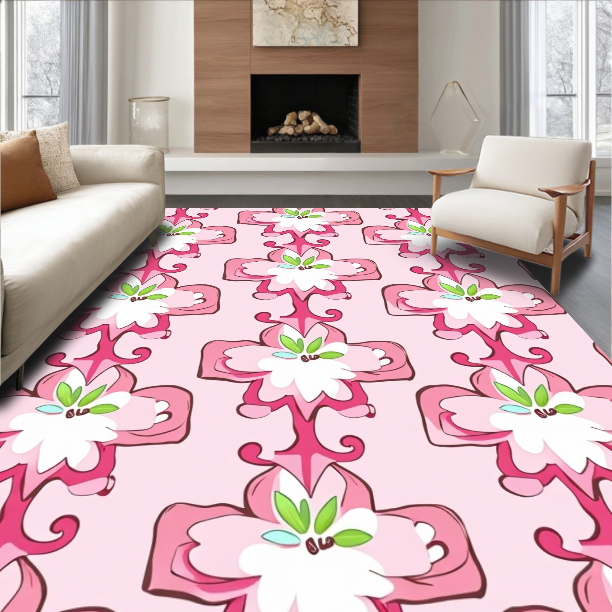 Ornate Pink Flower Blossom Motif Rug