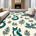 Teal Whimsical Cats Tropical Ferns Rug