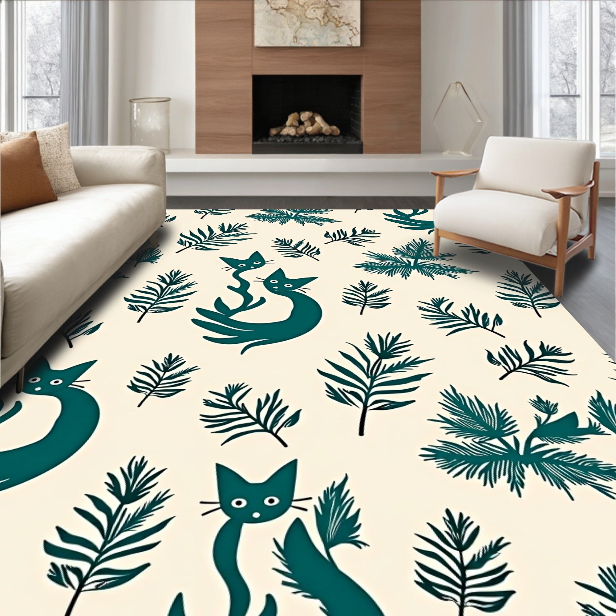 Teal Whimsical Cats Tropical Ferns Rug