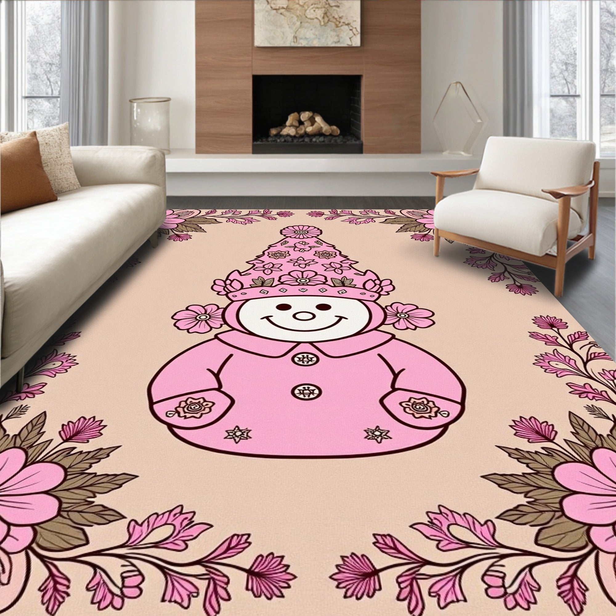 Enchanting Pink Floral Gnomes Rug
