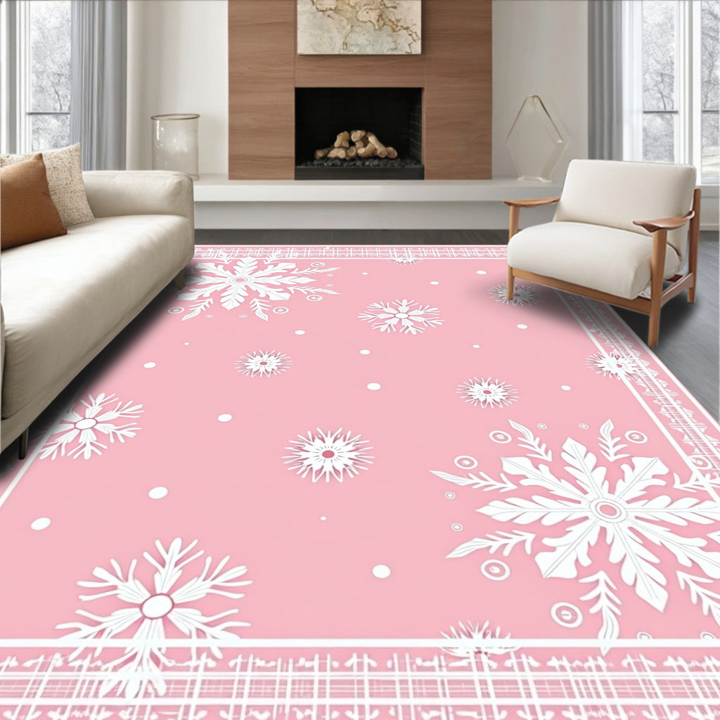 Feminine Pink Snowflake Winter Scene Rug
