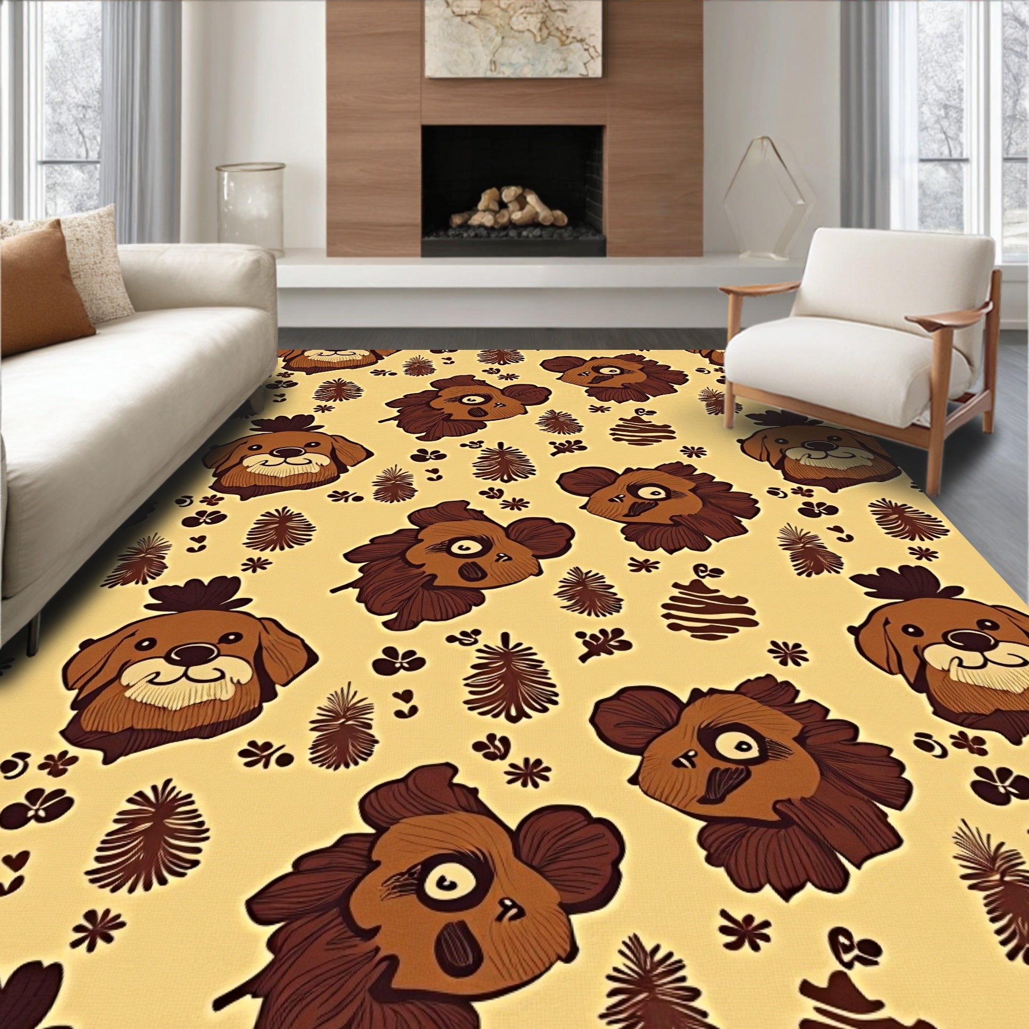Brown Cartoon Dog Creatures Ferns Rug