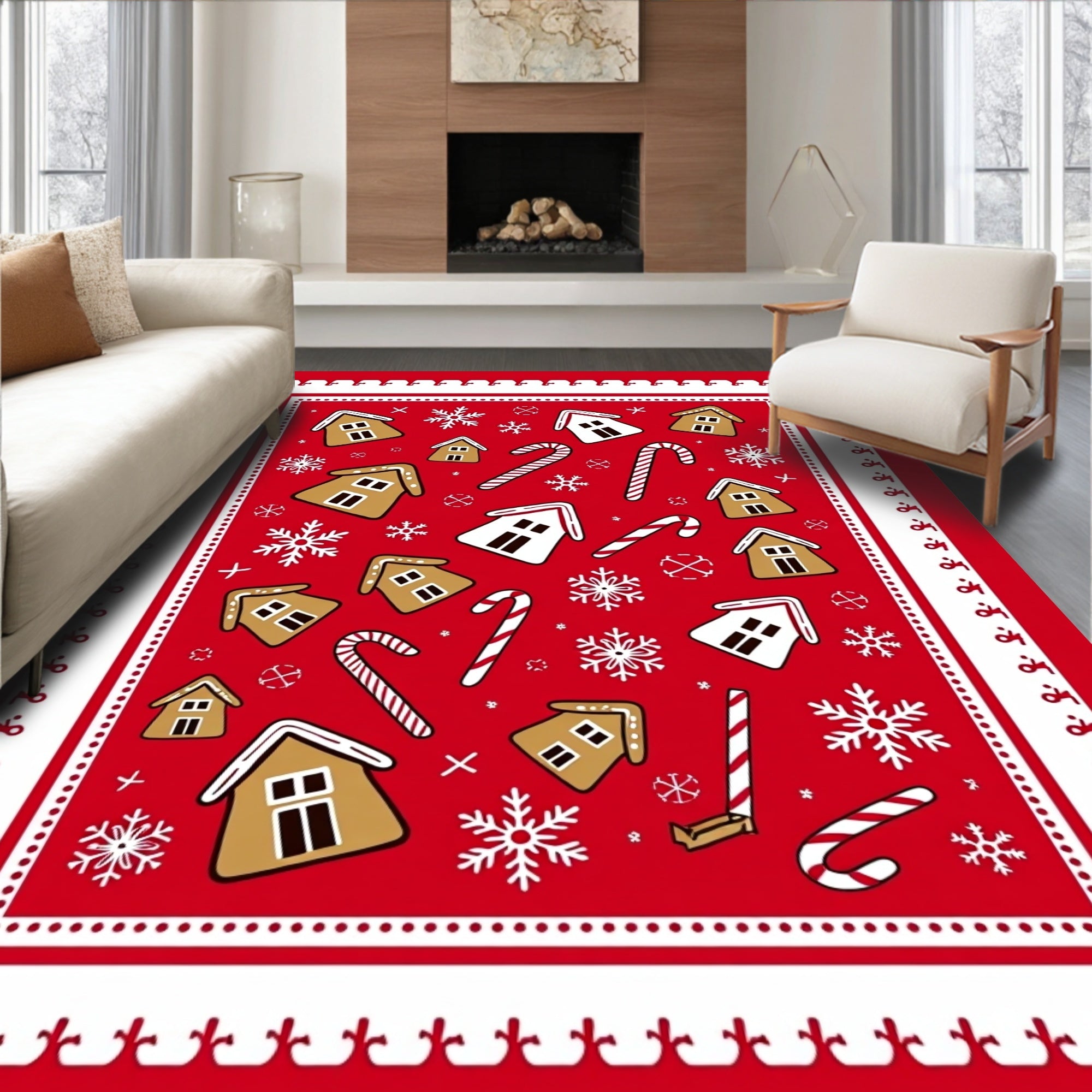 Christmas Gingerbread House Candy Cane Snowflakes Rug