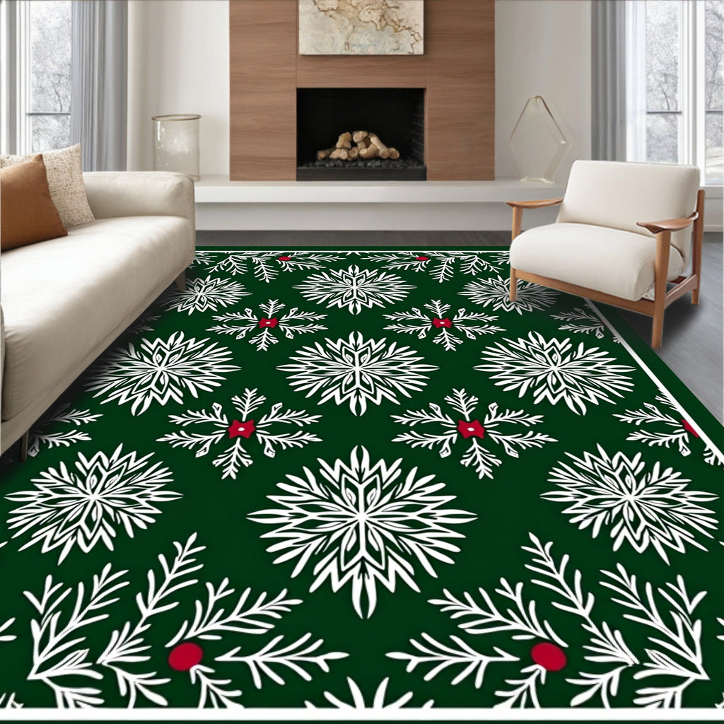 Deep Green White Snowflake Berry Scene Rug