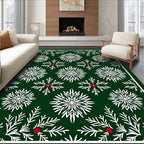 Deep Green White Snowflake Berry Scene Rug