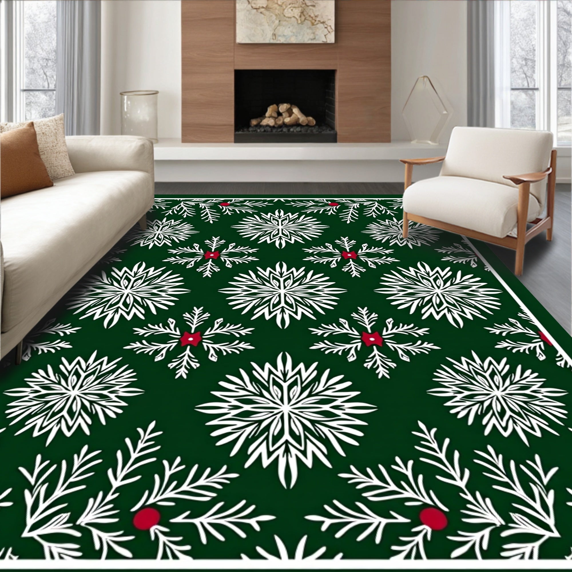Deep Green White Snowflake Berry Scene Rug
