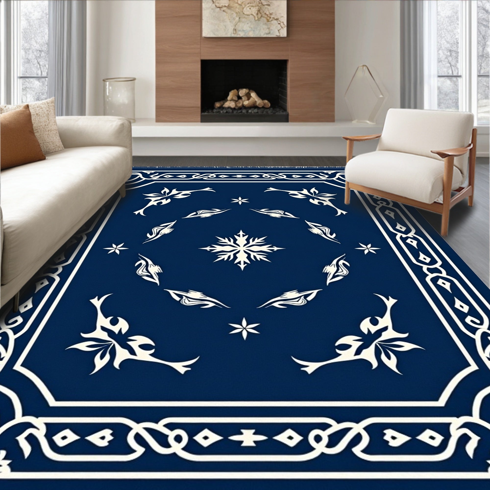Midnight Blue Whimsical Floral Motif Rug
