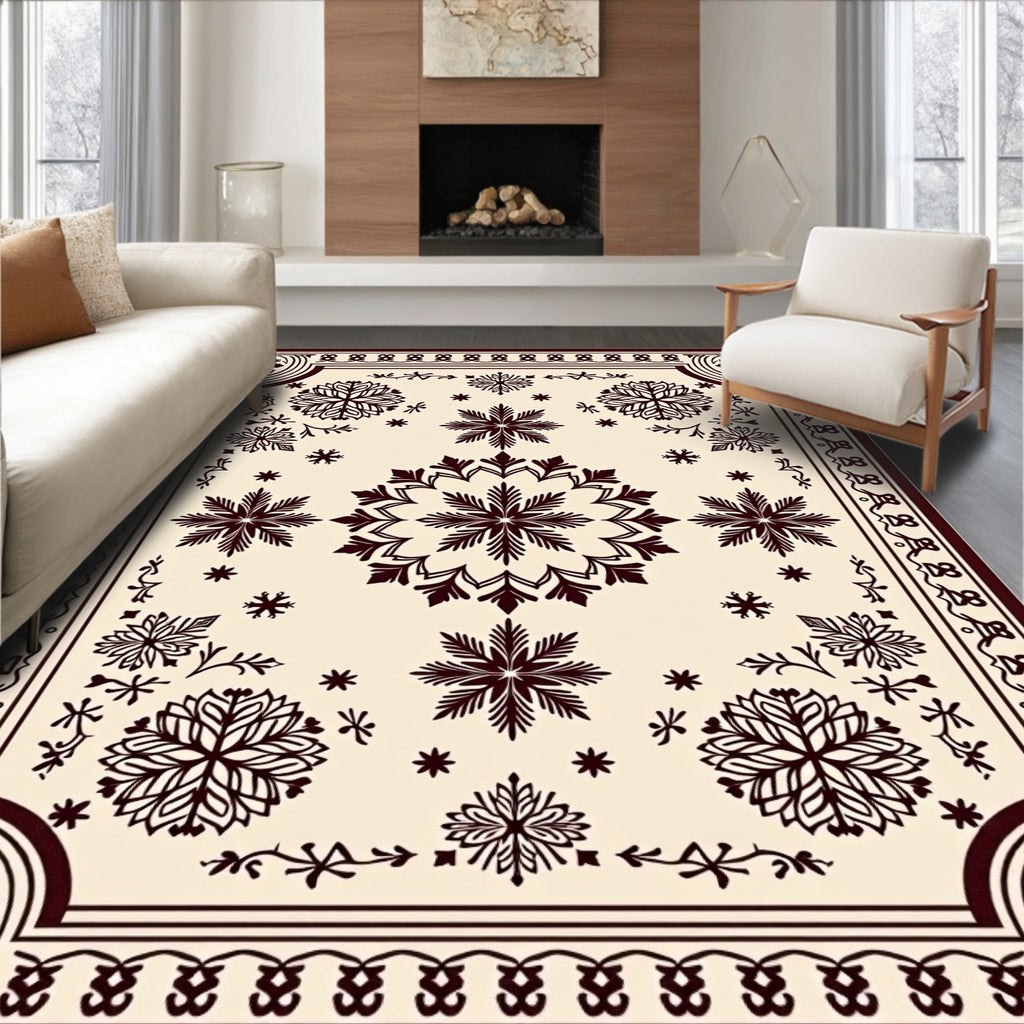 Dark Crimson Snowflake Floral Medallion Rug